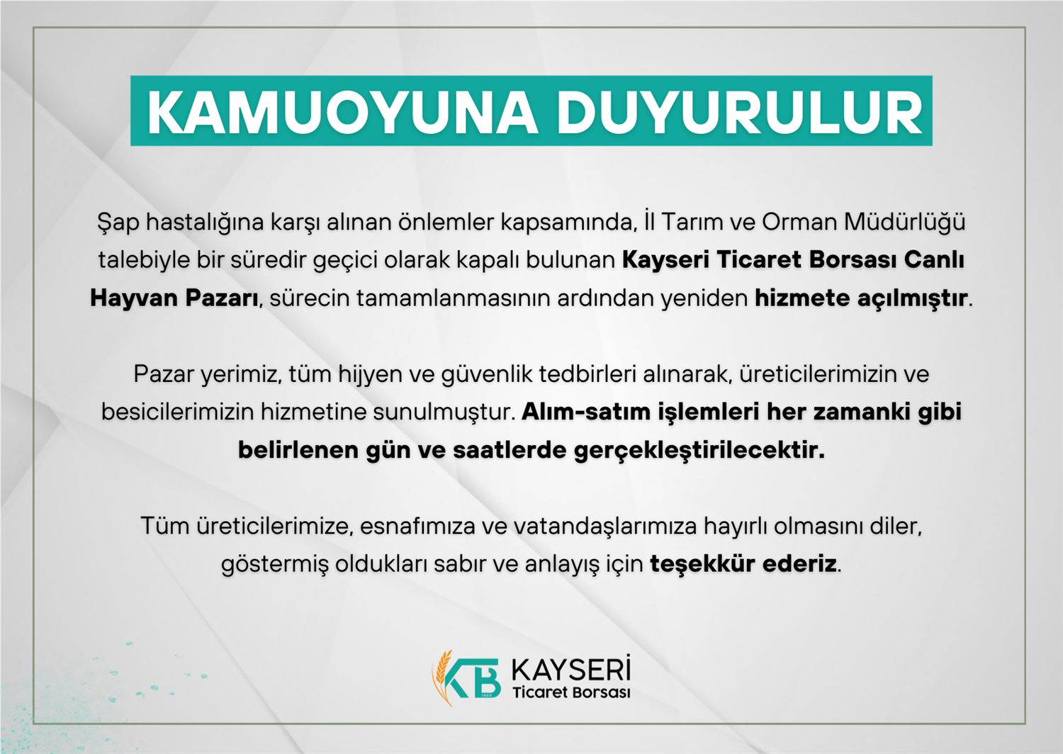 Canlı Hayvan Pazarı Hakkında Duyuru