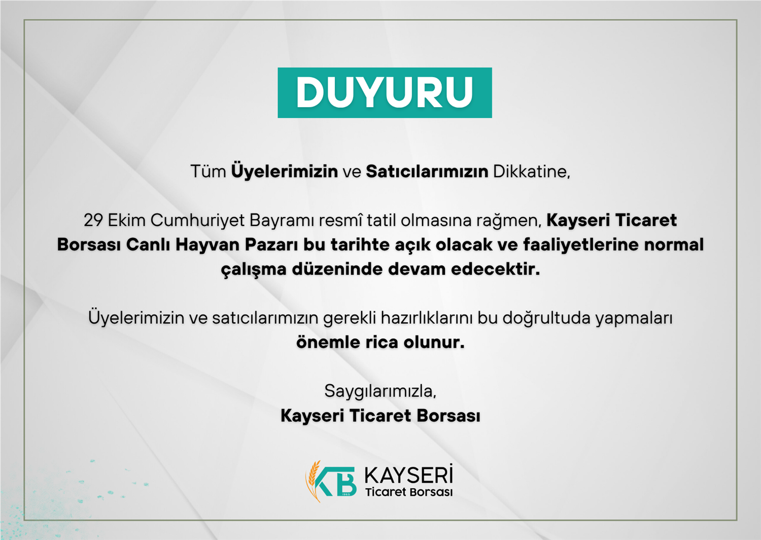 KTB Canlı Hayvan Pazarı Hakkında Duyuru