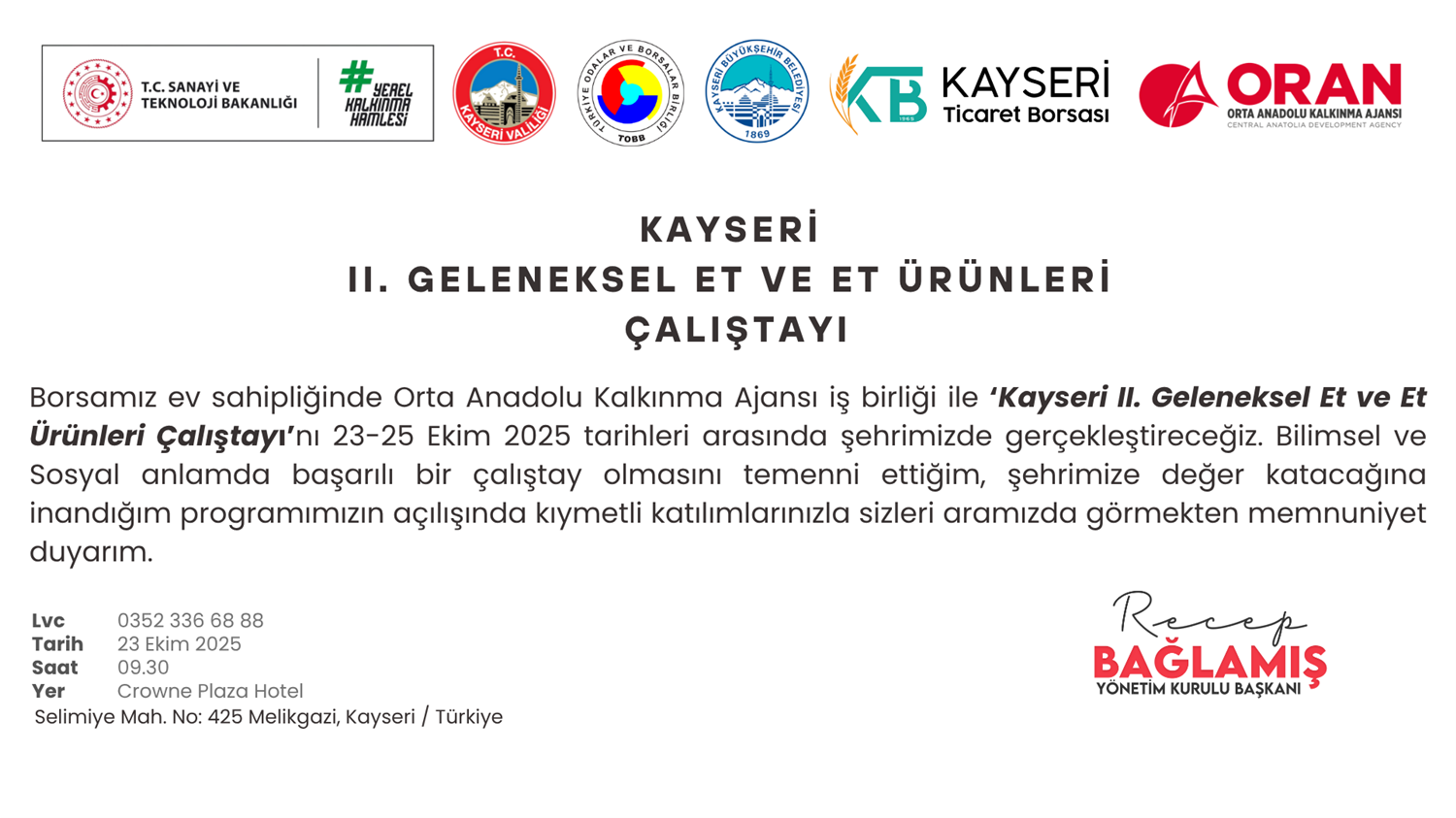 'Kayseri II. Geleneksel Et ve Et Ürünleri Çalıştayı' Daveti