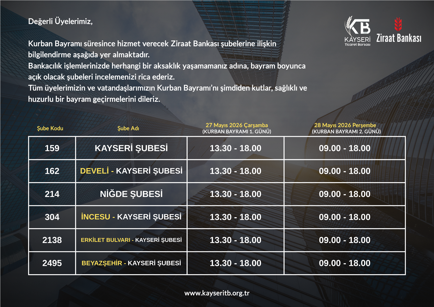 Kurban Bayramı süresince hizmet verecek 'Ziraat Bankası' Şubeleri Duyurusu
